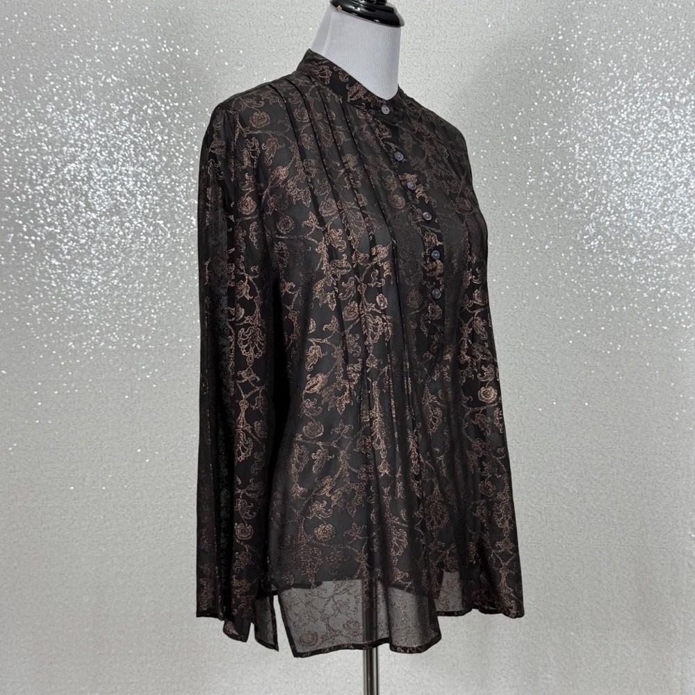 Chico’s 100% Silk Sheer Tunic Blouse Size 2 Black Bronze Floral Long Sleeve - Picture 7 of 10